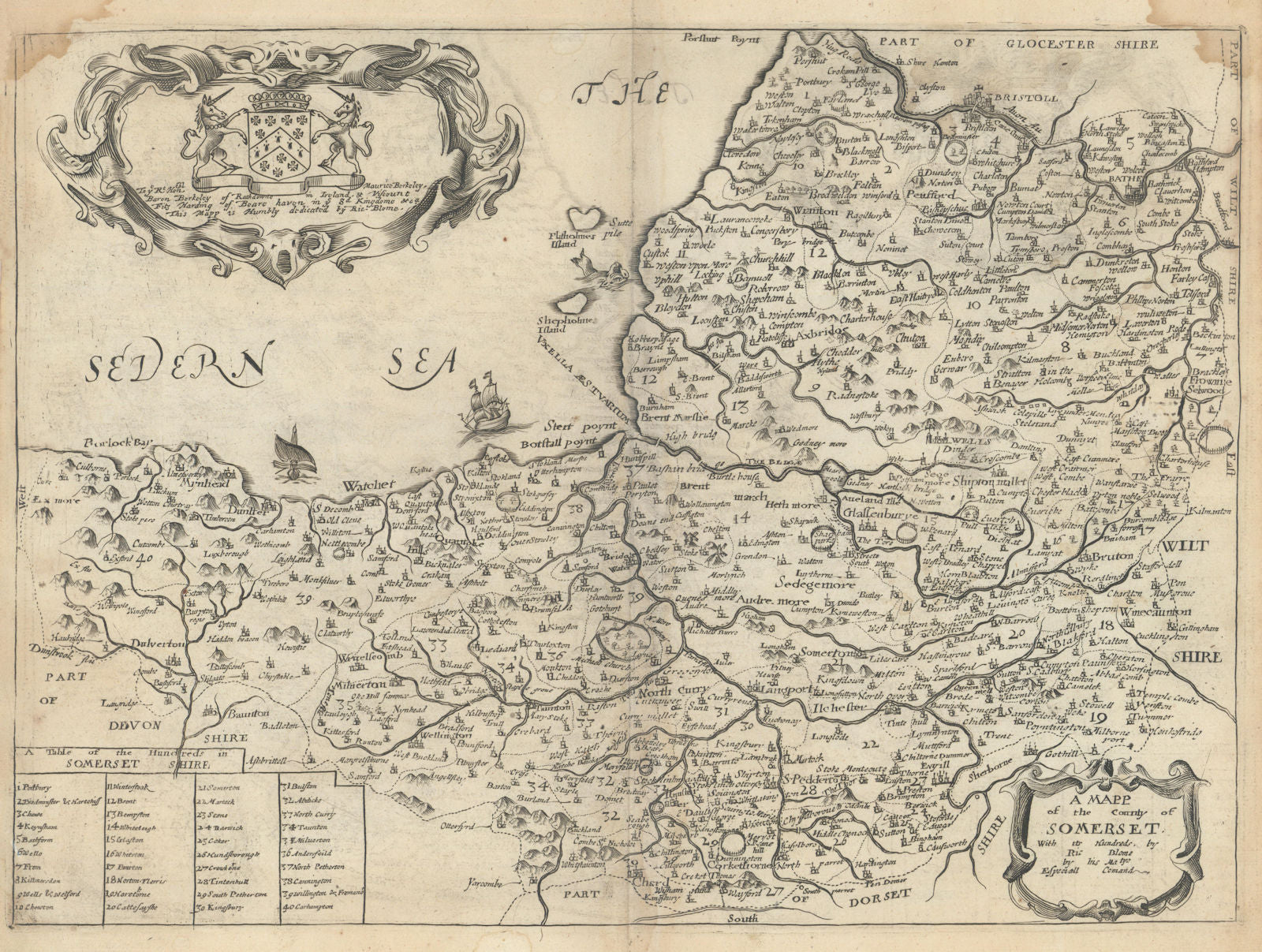 A Mapp of the County of Somerset, with its Hundreds by Richard Blome 1673